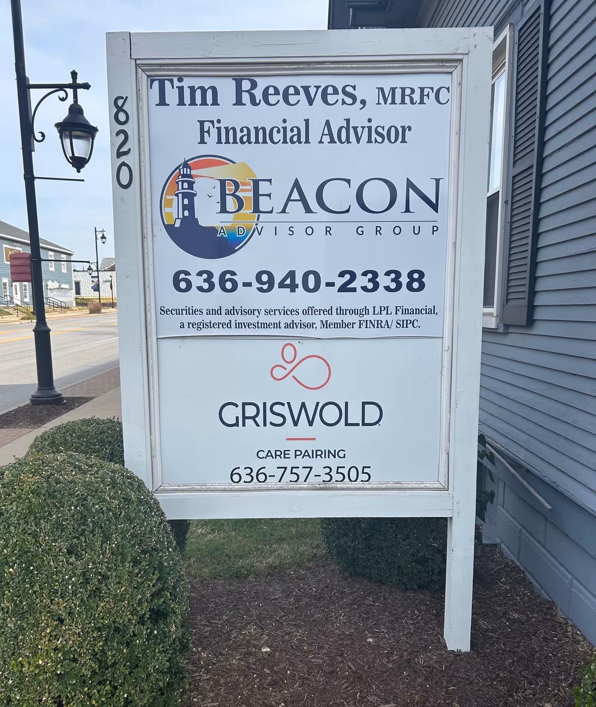 Outdoor signboard advertising Tim Reeves MRFC Financial Advisor and Griswold Care Pairing.