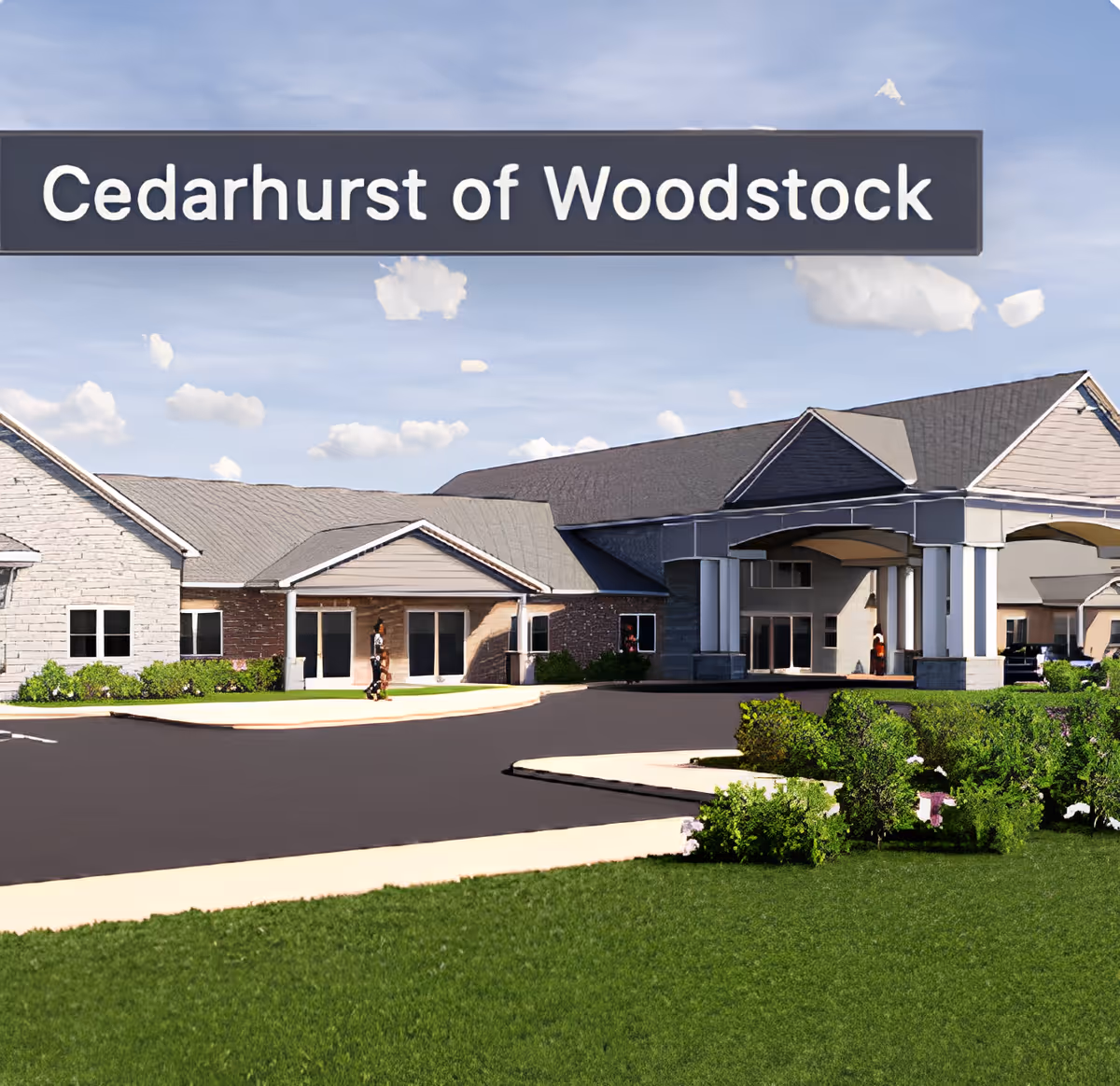 Front exterior of Cedarhurst of Woodstock senior living building showing the covered entrance, driveway, and landscaped lawn.