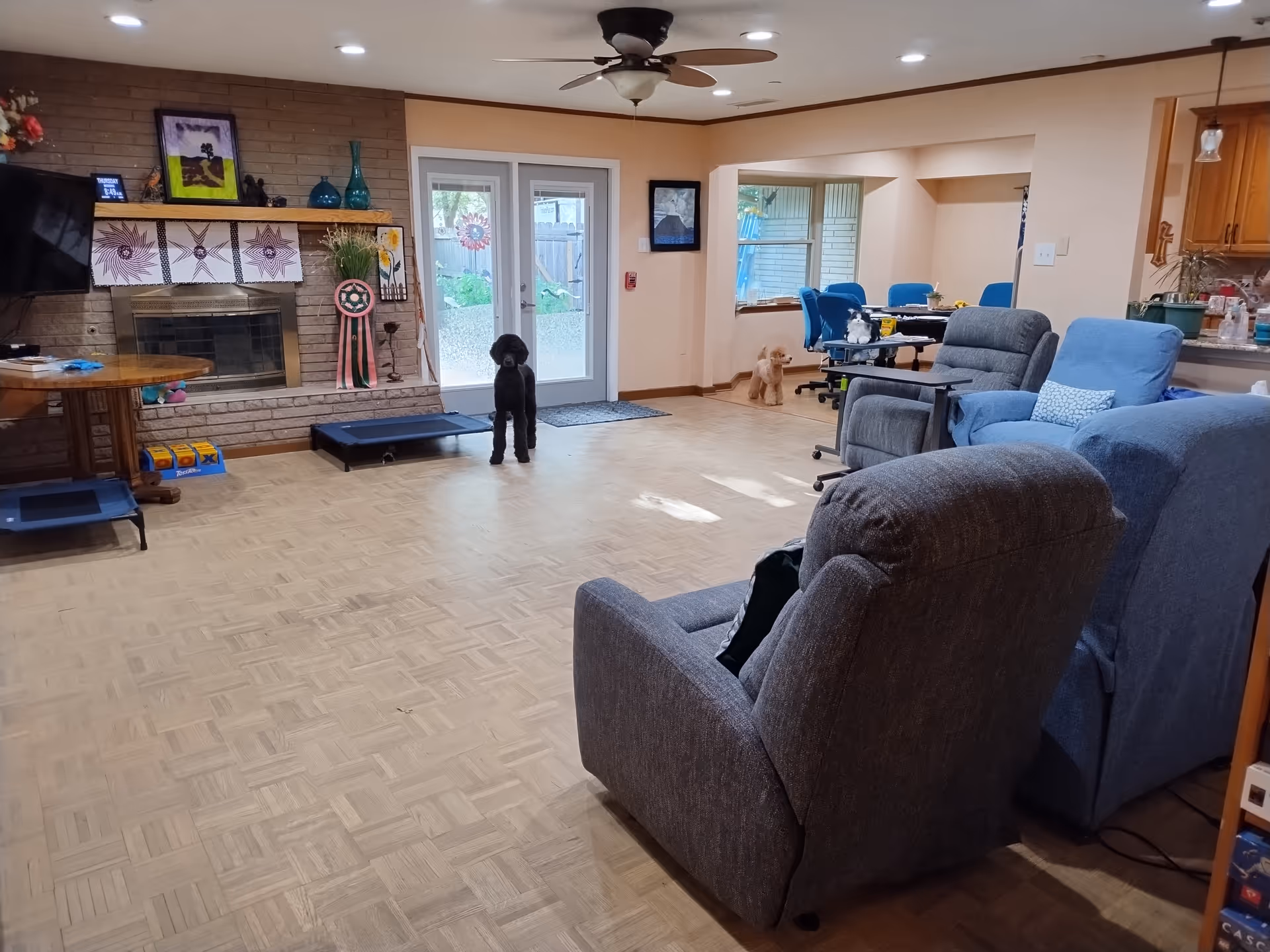 Cozy living room at Abiding Joy Senior Care Home with blue recliners and two dogs.