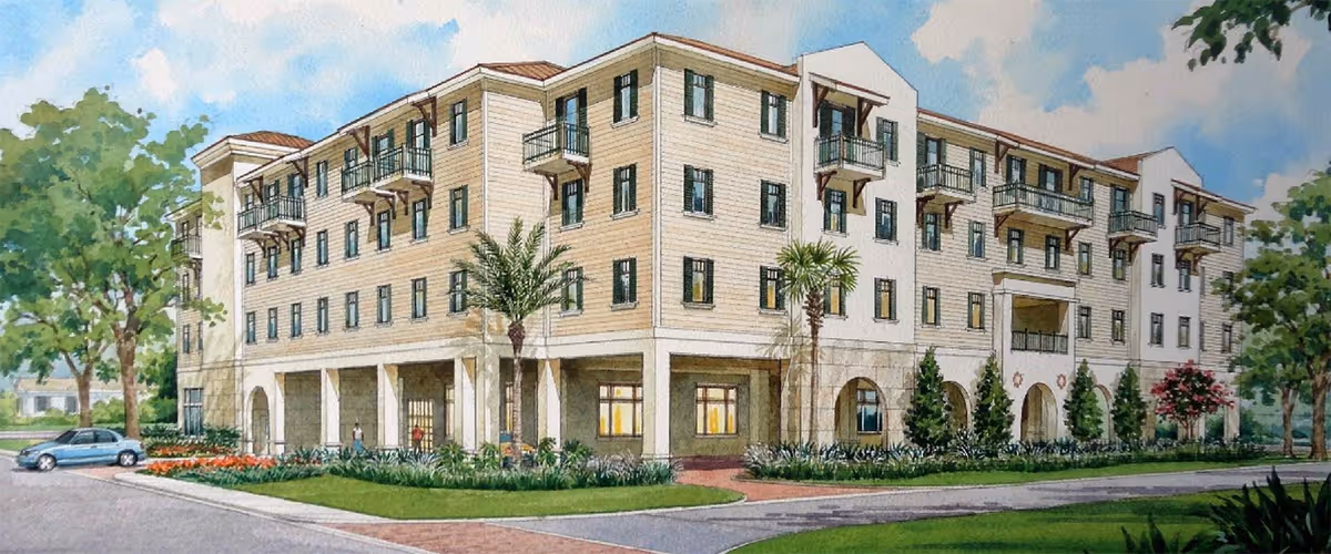 Exterior rendering of Alba Court Residence and Adult Day Care, a multi-story senior living building.