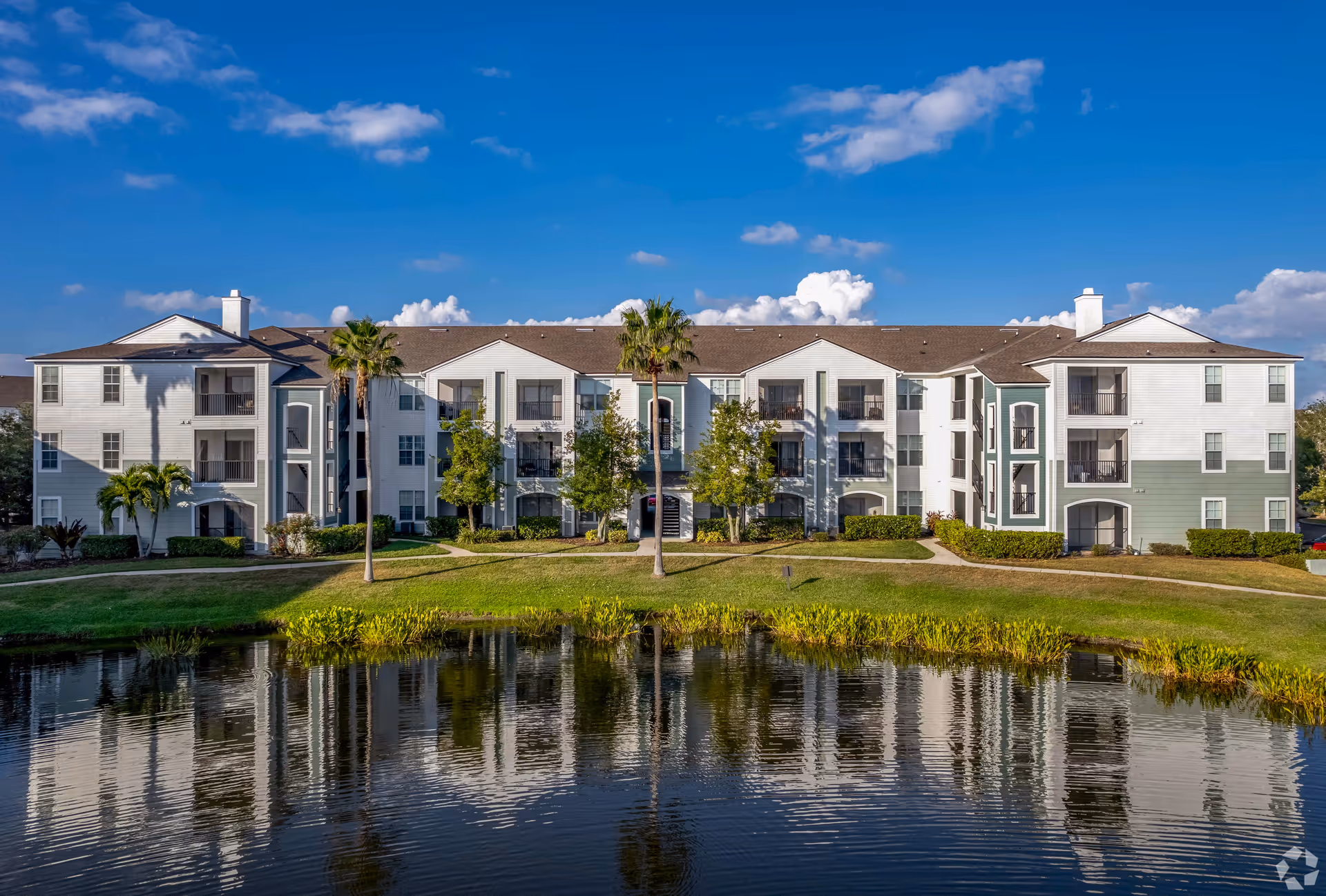 Three-story waterfront apartment building with balconies and palm trees reflected in a pond under a blue sky.