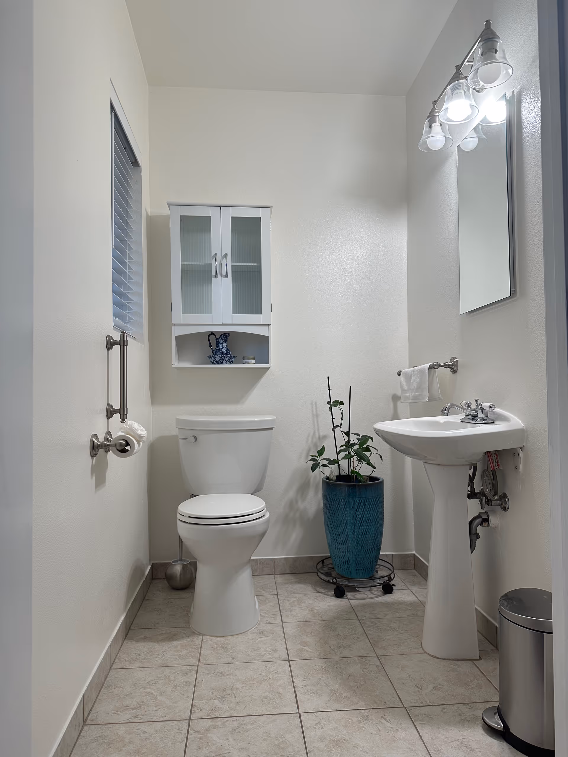 Small bathroom with toilet, pedestal sink, wall cabinet, and potted plant.
