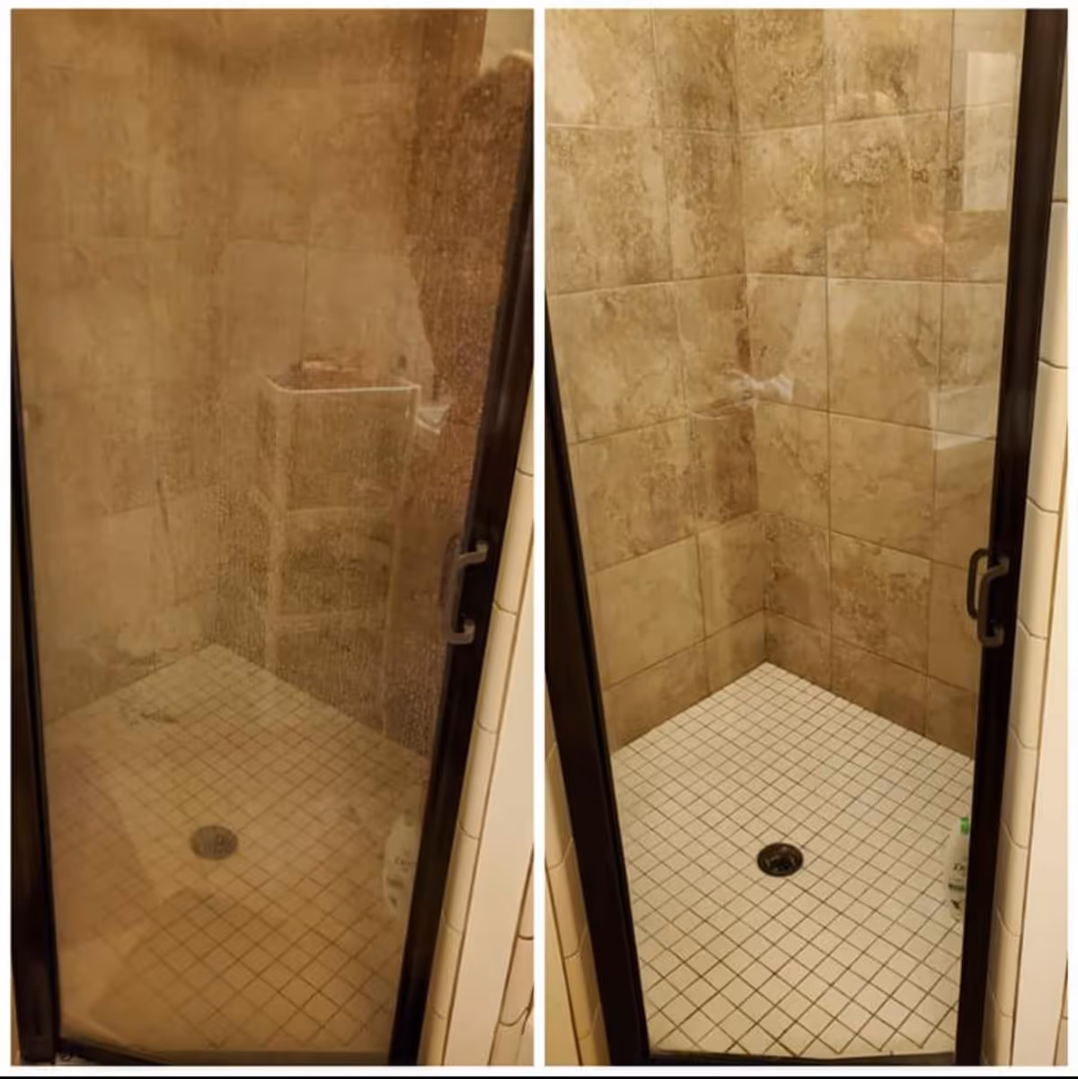Shower stall with beige tile walls and glass door in a bathroom.