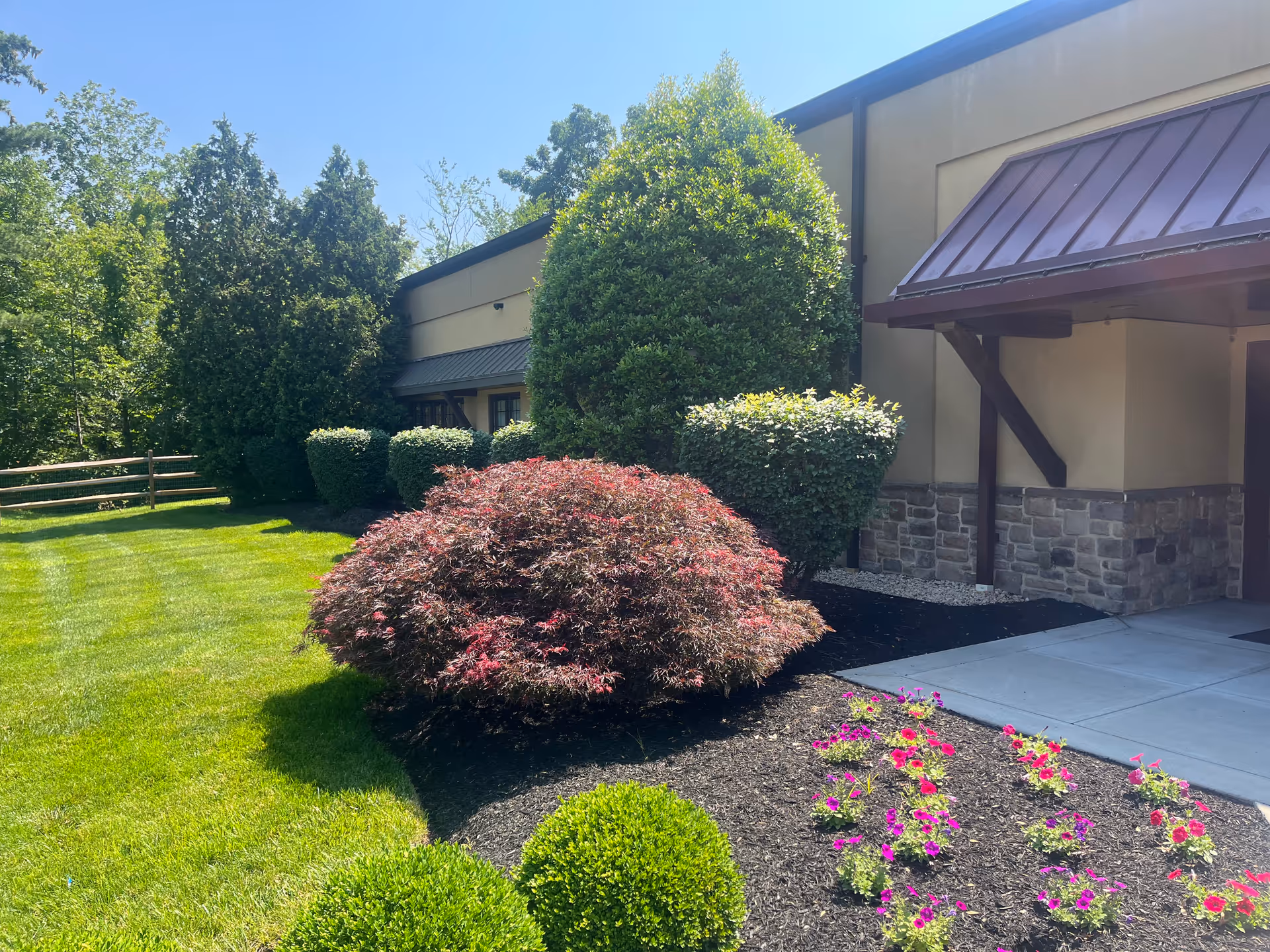 Well-maintained exterior of ACS Homecare facility with trimmed shrubs and a paved entrance.