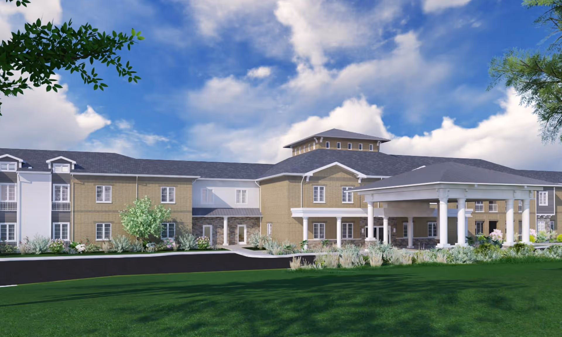 Exterior view of a large, multi-story senior living facility building with a covered entrance, surrounded by landscaped greenery and a well-maintained lawn under a partly cloudy sky.