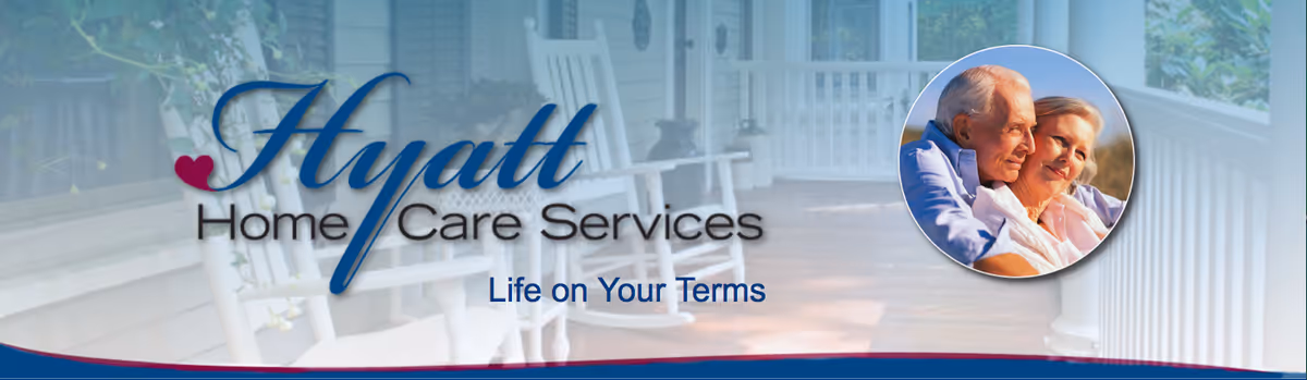 Hyatt Home Care Services banner on a porch with a circular elderly couple photo