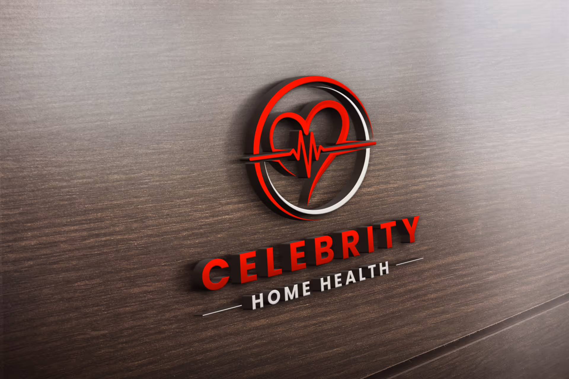 Red and white heart logo with 'Celebrity Home Health' sign on wood-paneled interior wall.