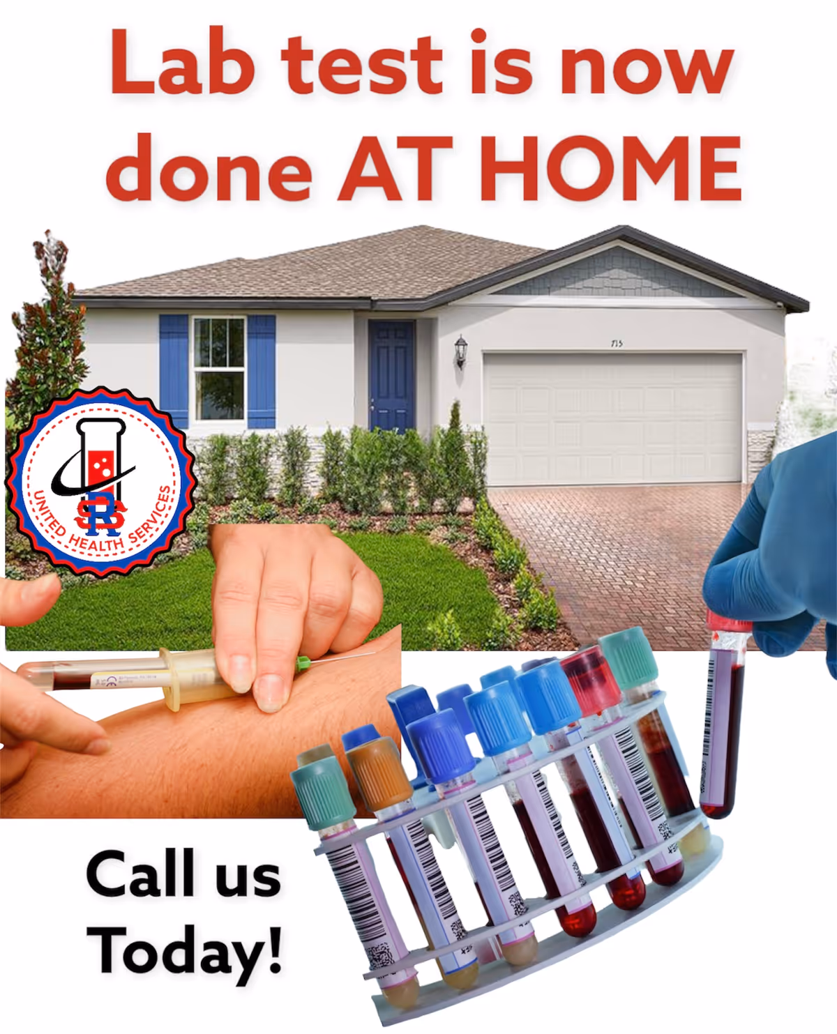 Front view of a house with lab equipment promoting at-home blood tests.