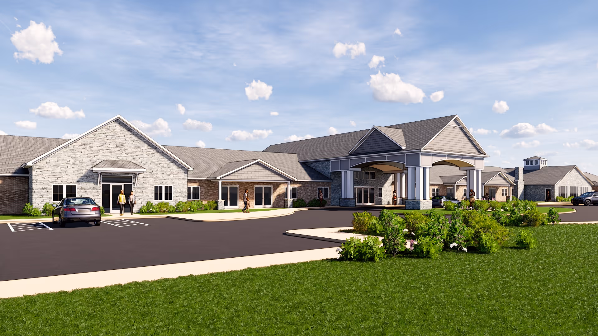 Exterior view of Cedarhurst Senior Living of Frankfort showing a large single-story building with stone and brick facade, multiple entrances, a covered drop-off area, parked cars, and landscaped greenery under a partly cloudy sky.