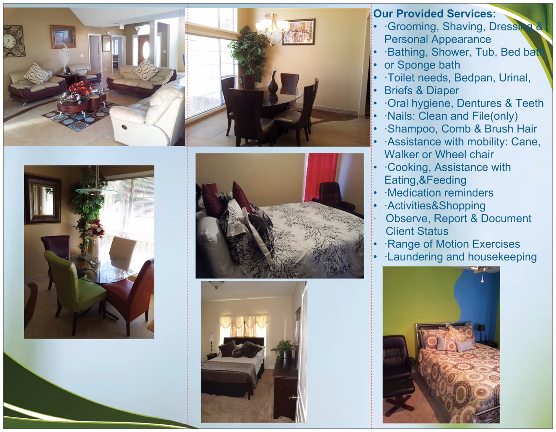 Interior collage showing living room, dining area, and bedrooms in a senior care facility.