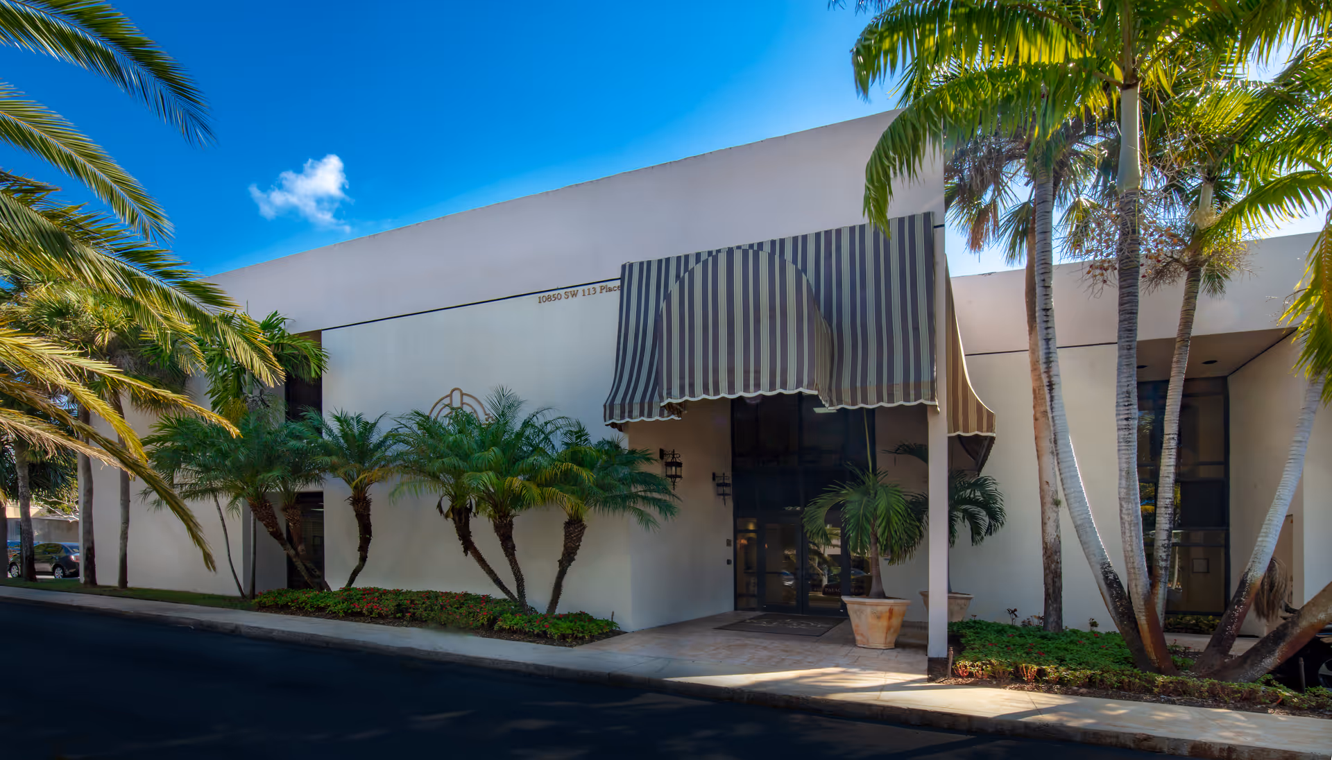 Exterior view of The Palace at Home entrance with palm trees and awning.