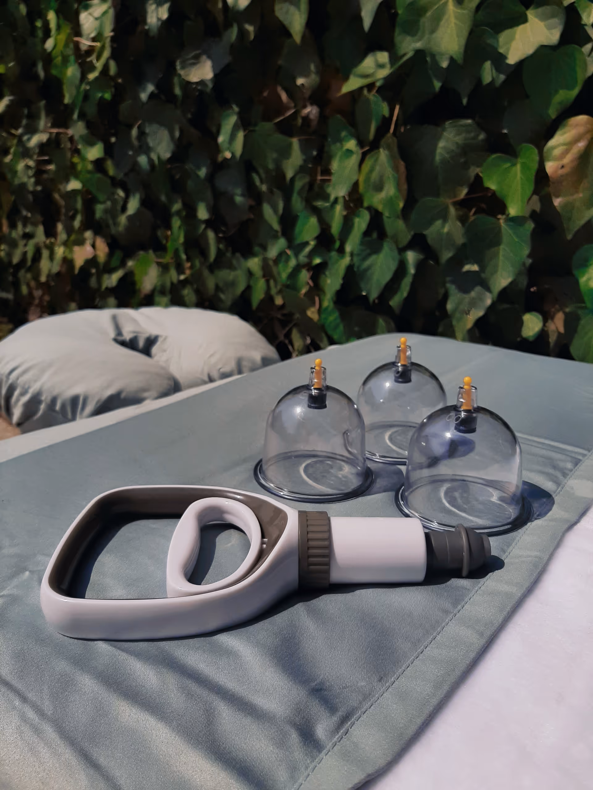 Outdoor table with massage tools and glass domes against a leafy hedge