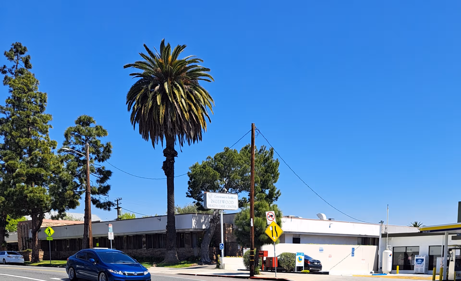 Low, flat building with a sign reading Inglewood Health Care Center across a palm-lined street.