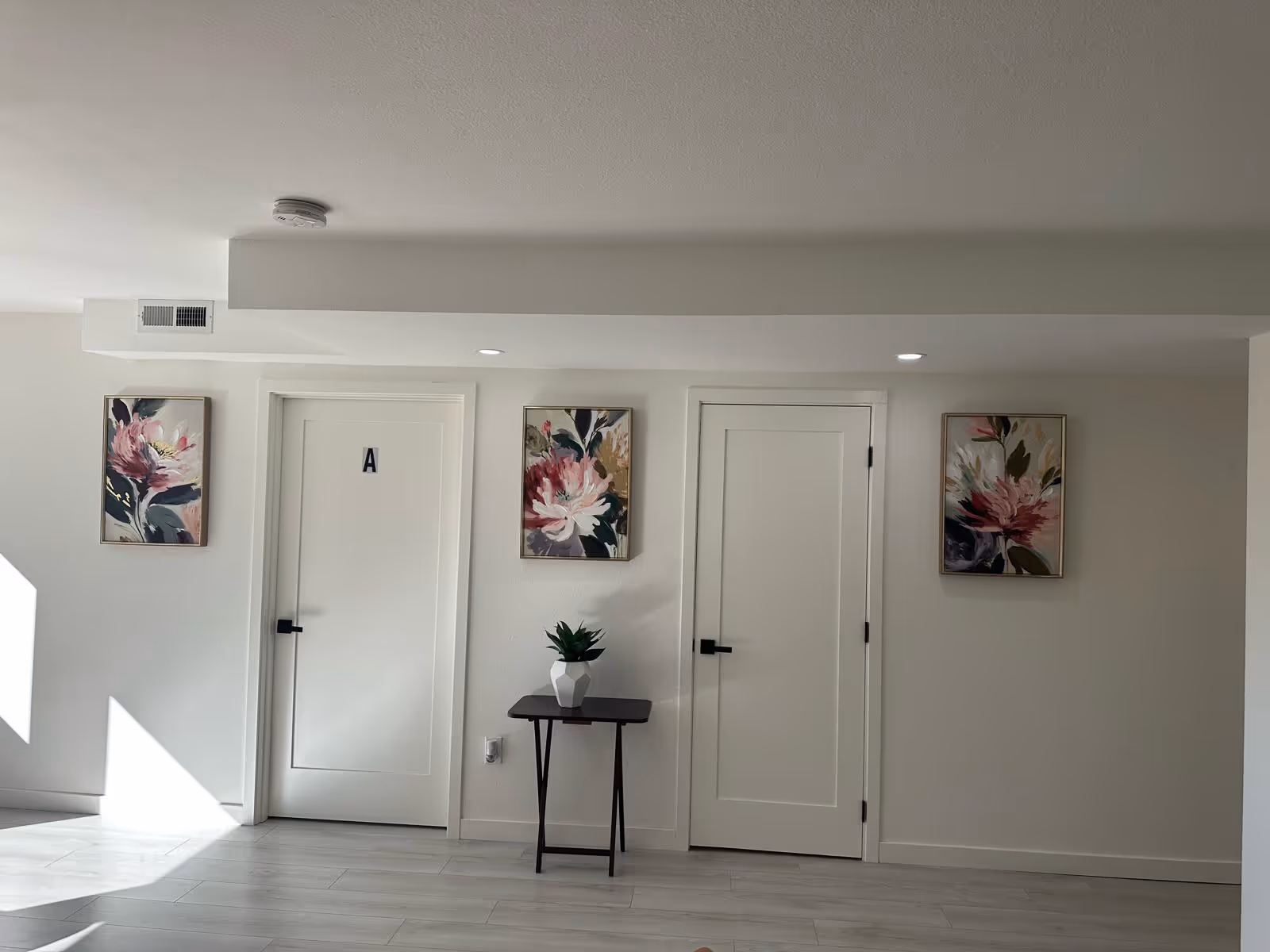 Bright, minimal interior hallway with white doors, floral wall art, and a small plant table.