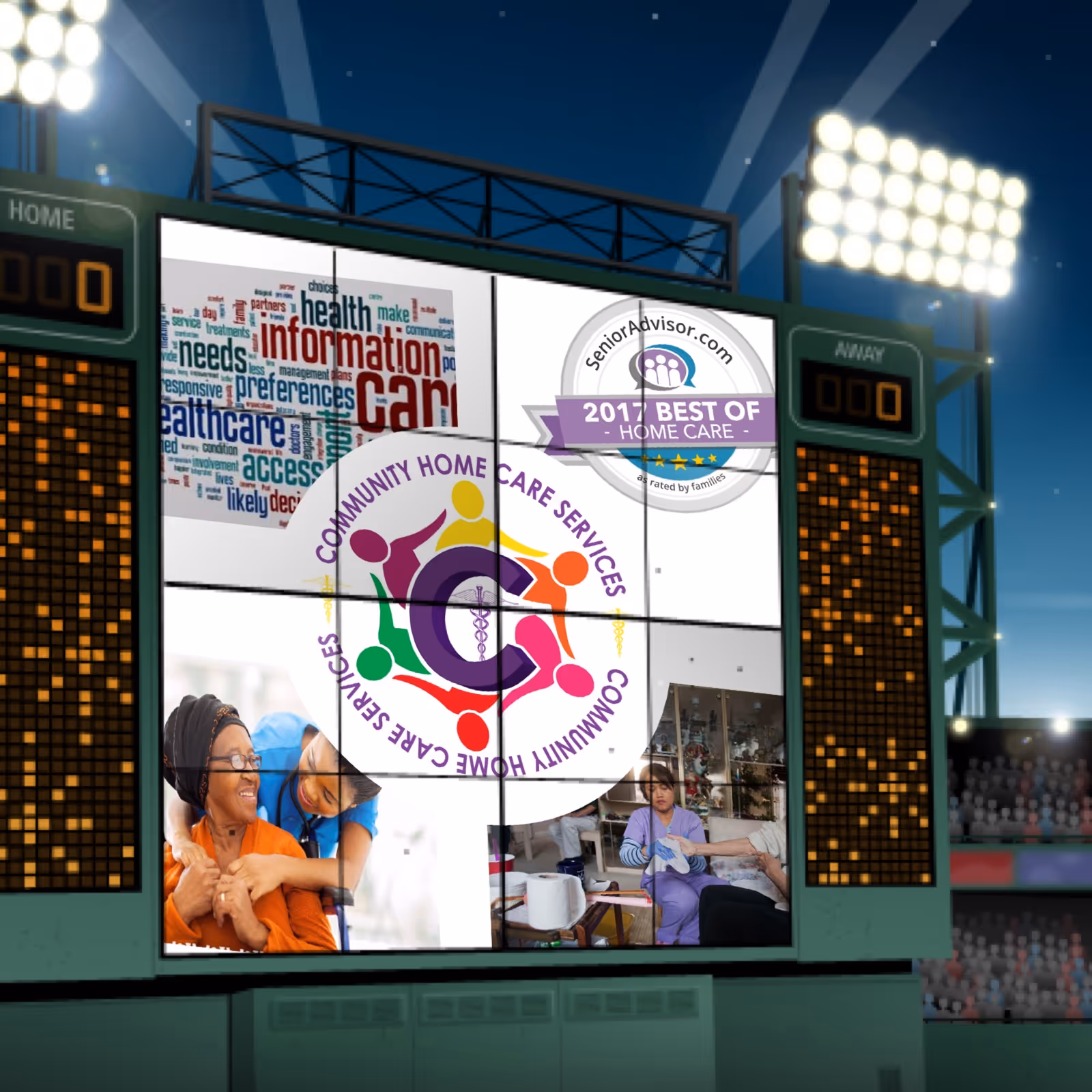 A large stadium scoreboard features a circular Community Enterprises LLC logo and care-themed images.