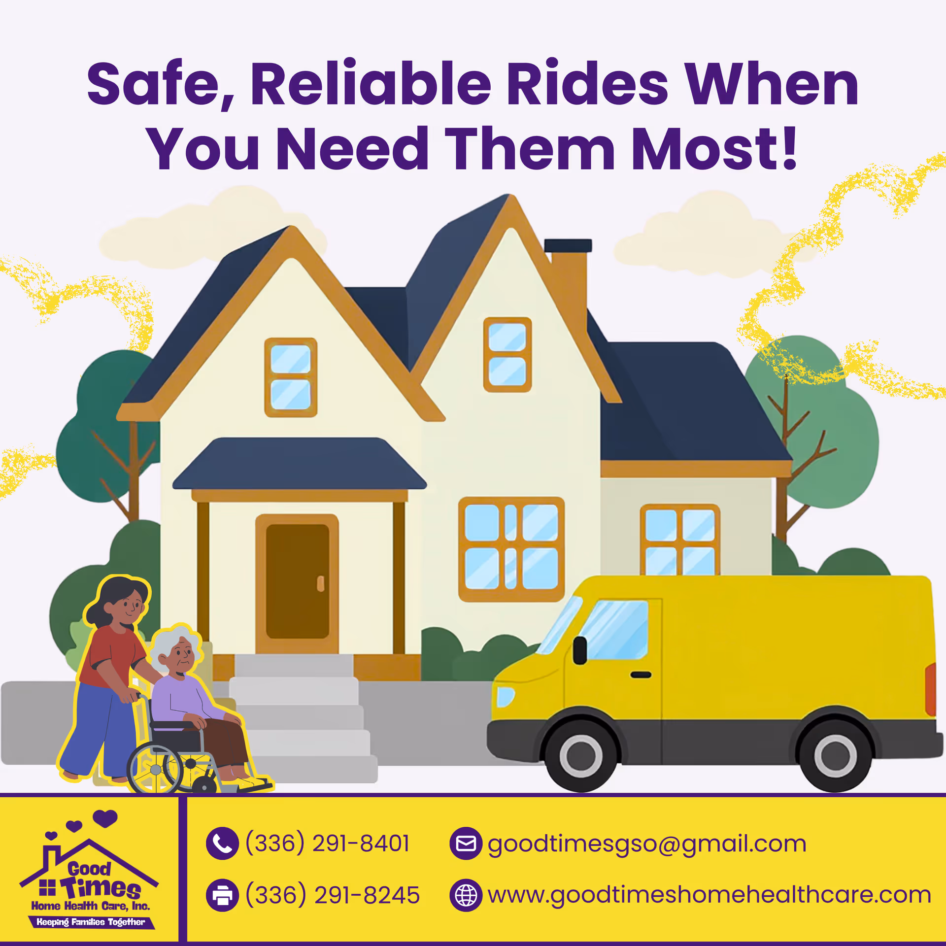 Illustration of a house with a yellow van and caregiver assisting an elderly person.