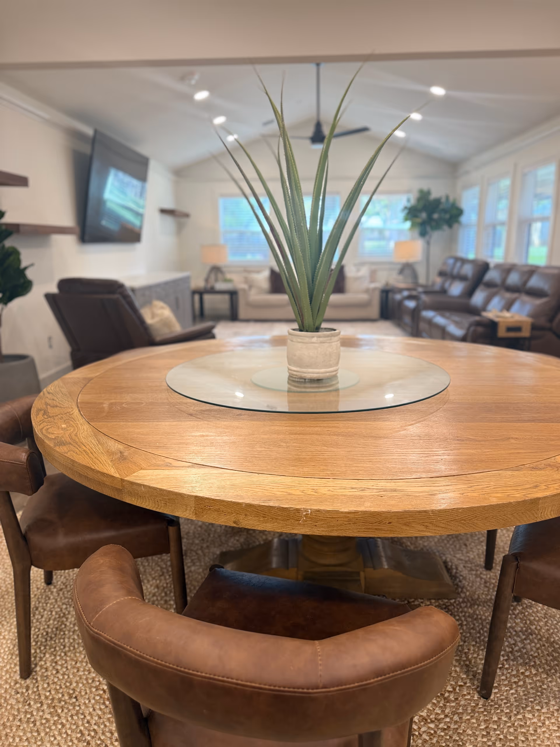 Round wooden table with a potted plant in a cozy living room lounge.