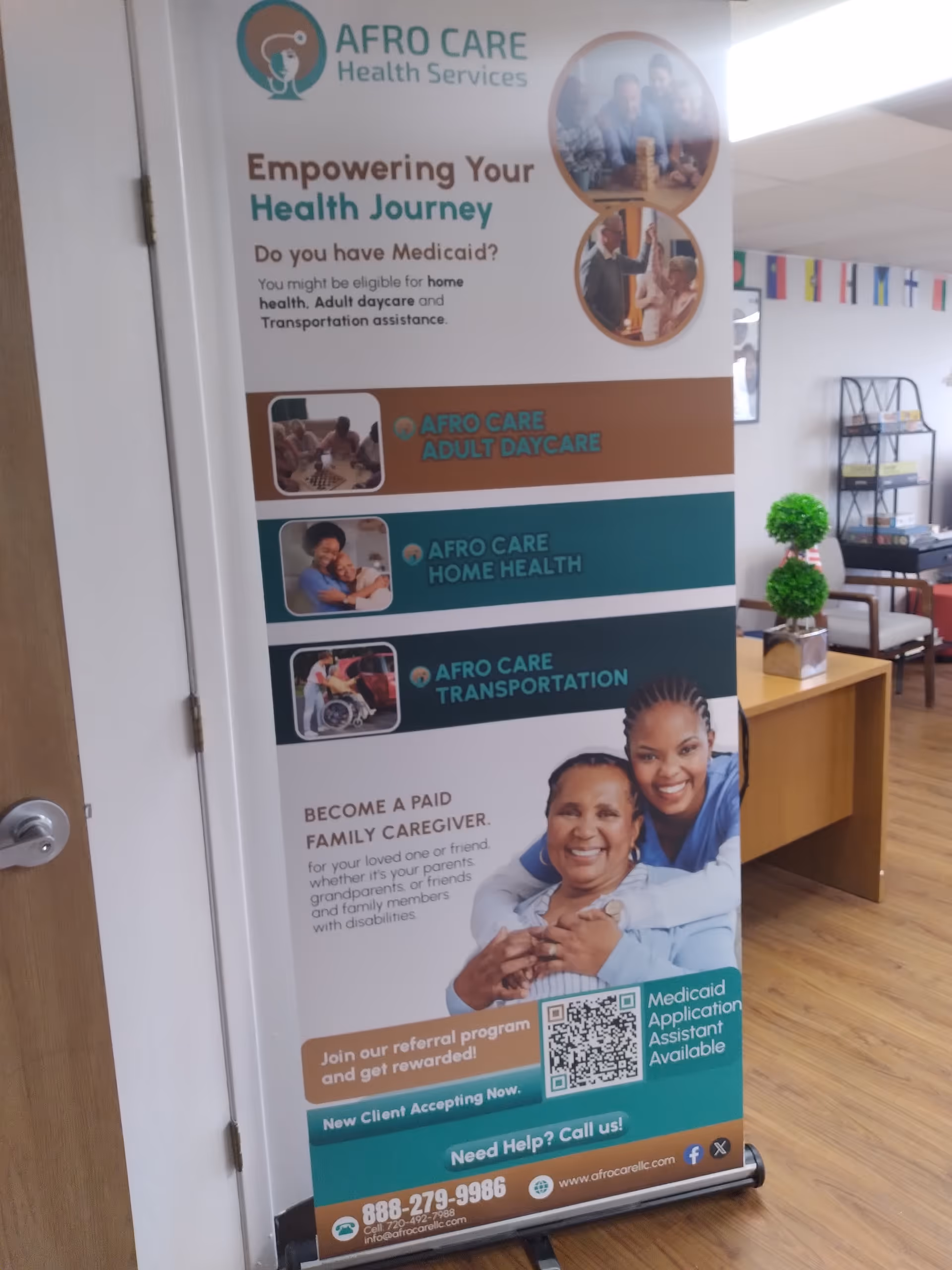 Promotional banner for Afro Care Health Services displayed in a senior living facility hallway.