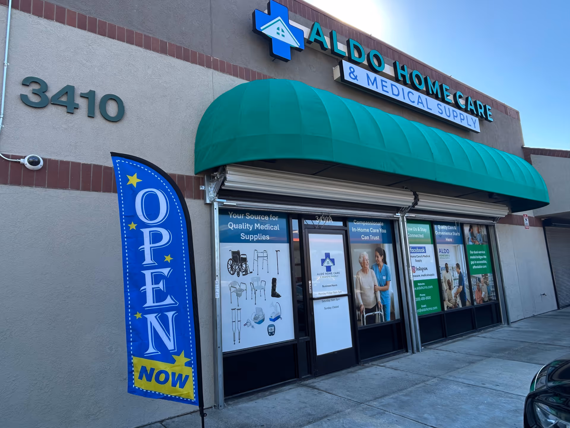 Aldo Home Care & Medical Supply storefront with green awning and OPEN banner.