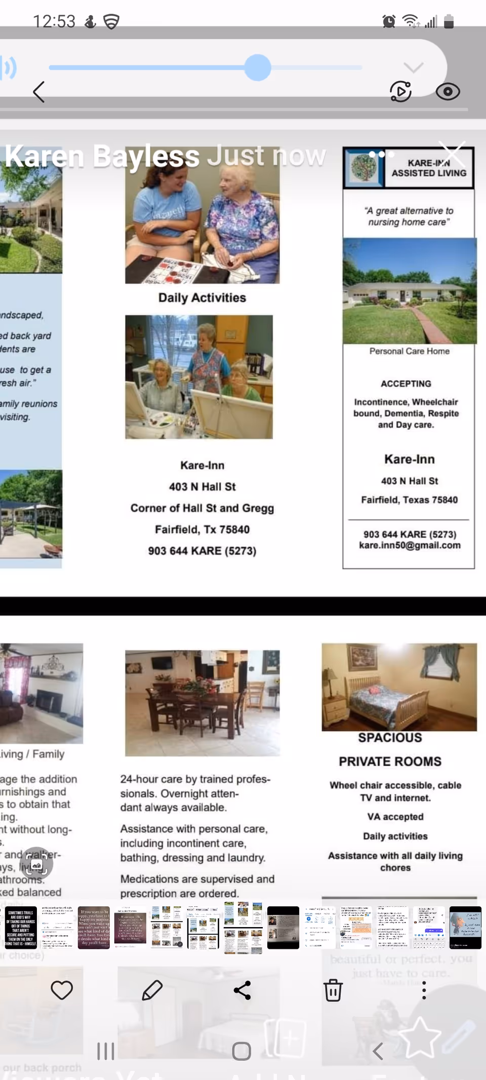 Collage brochure for Kare-inn Assisted Living featuring staff, residents, and rooms.