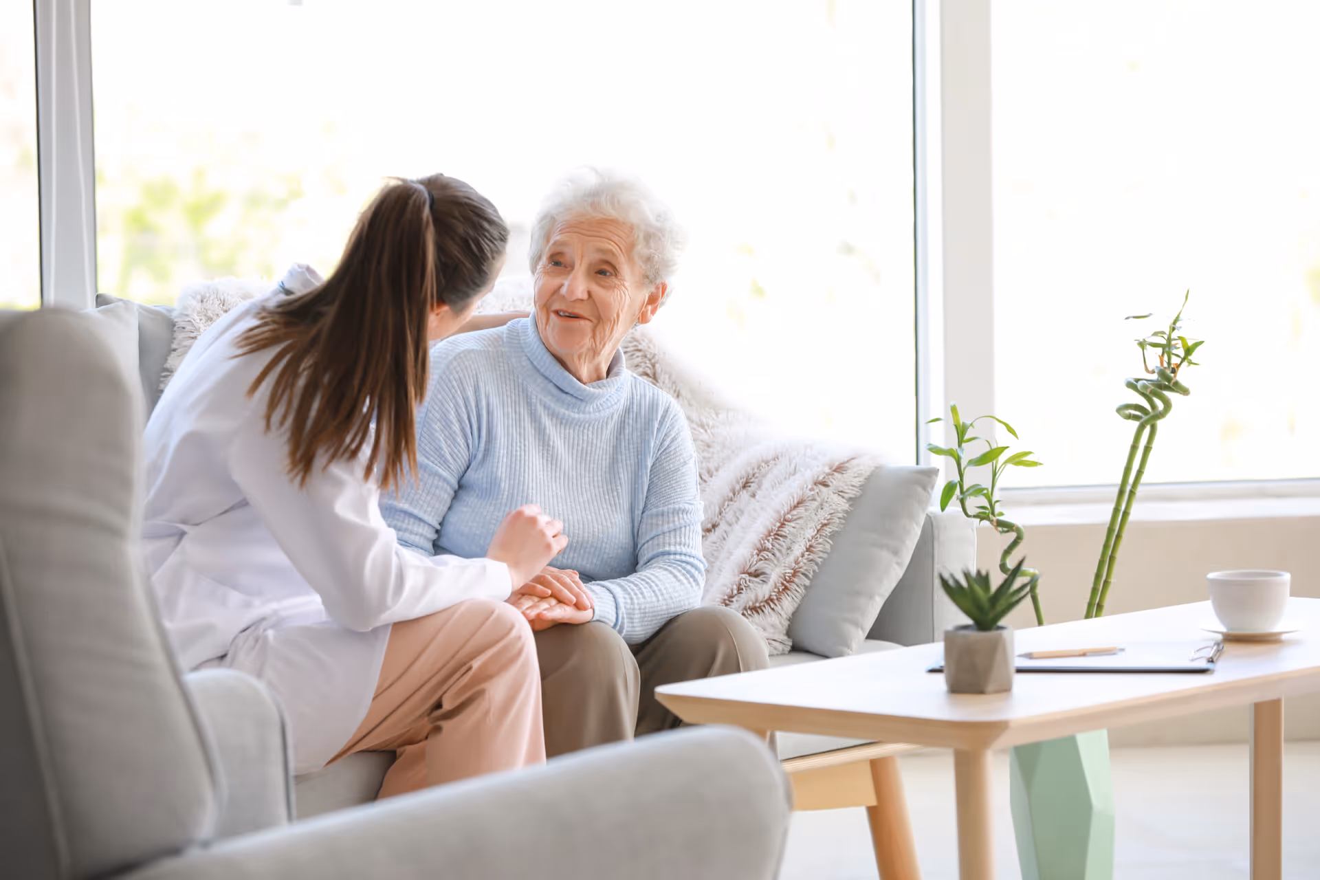 A caregiver speaks with an elderly woman seated on a couch in a bright living room with a coffee table and plants.