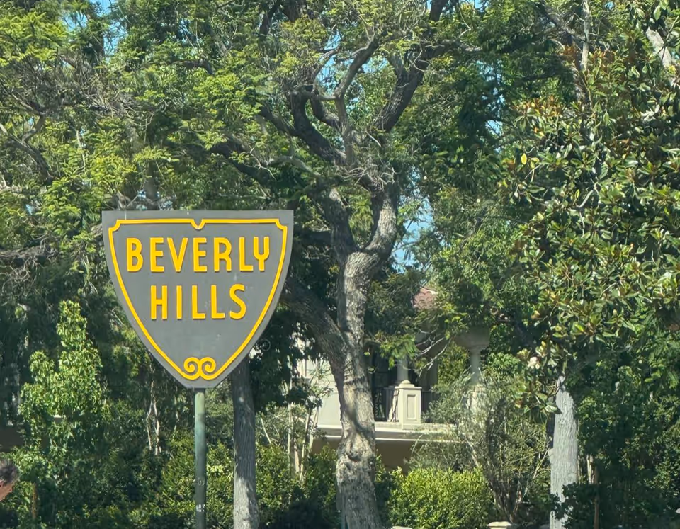 A Beverly Hills street sign amid trees with a building visible behind.