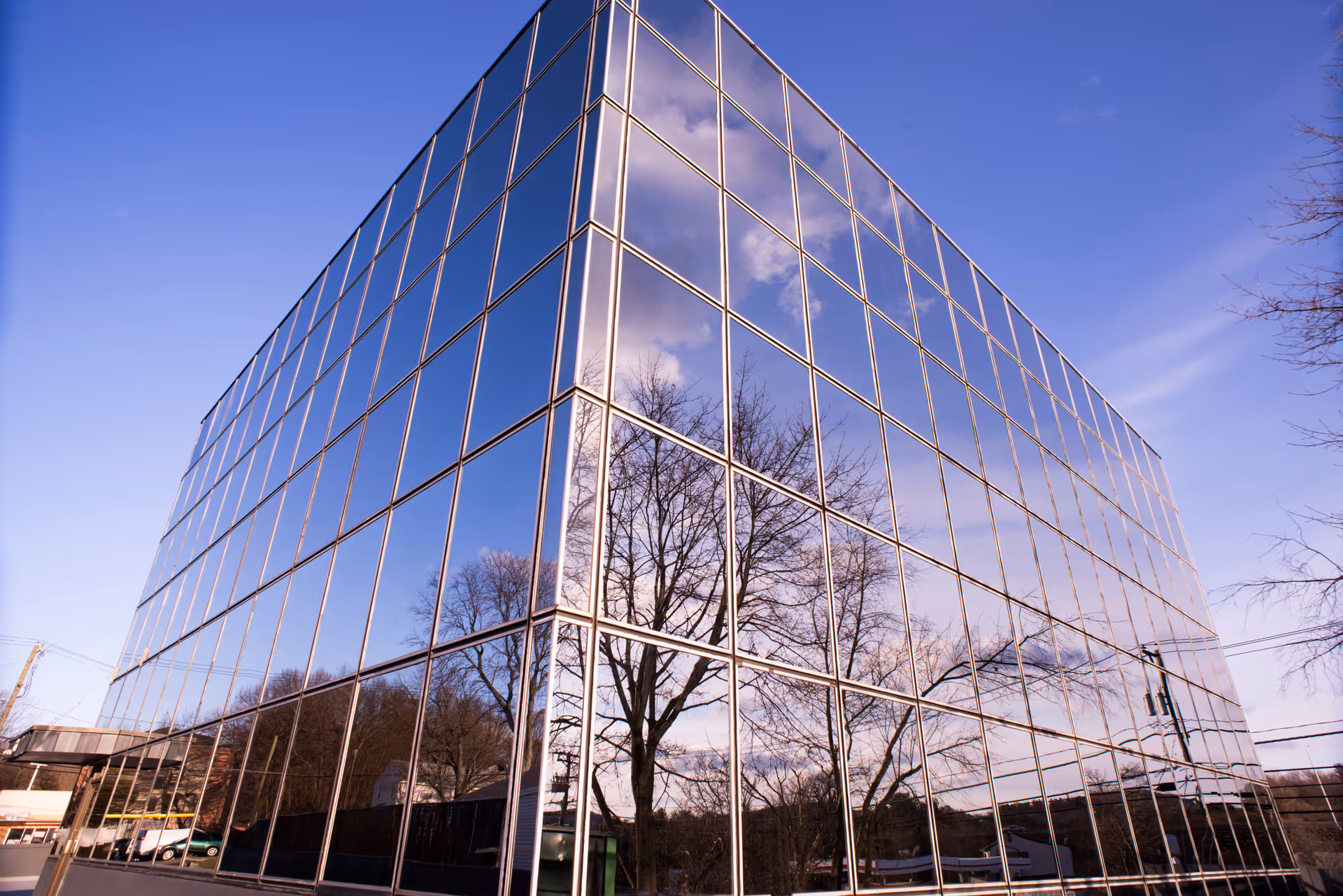 Modern glass-front building reflects trees against a blue sky.