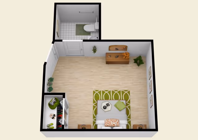 Top-down view of a small living area with sofa, rug, and a bathroom door.