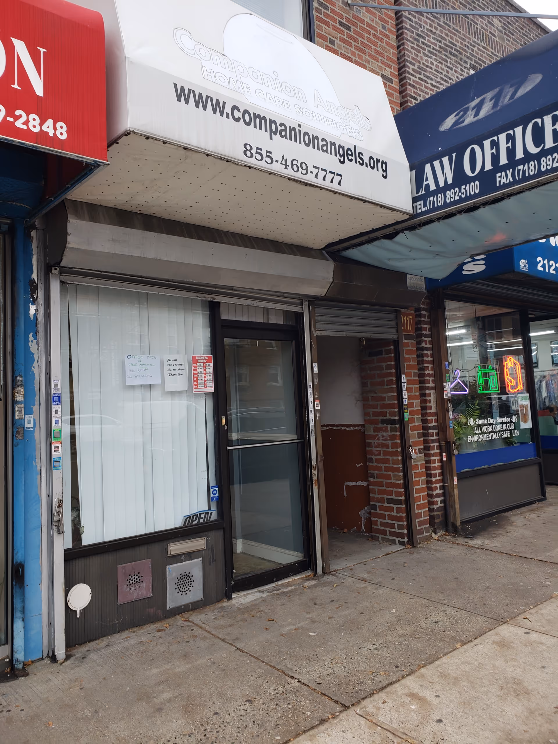 Storefront of Companion Angels Home Care Solutions with signage and shop windows on a sidewalk.