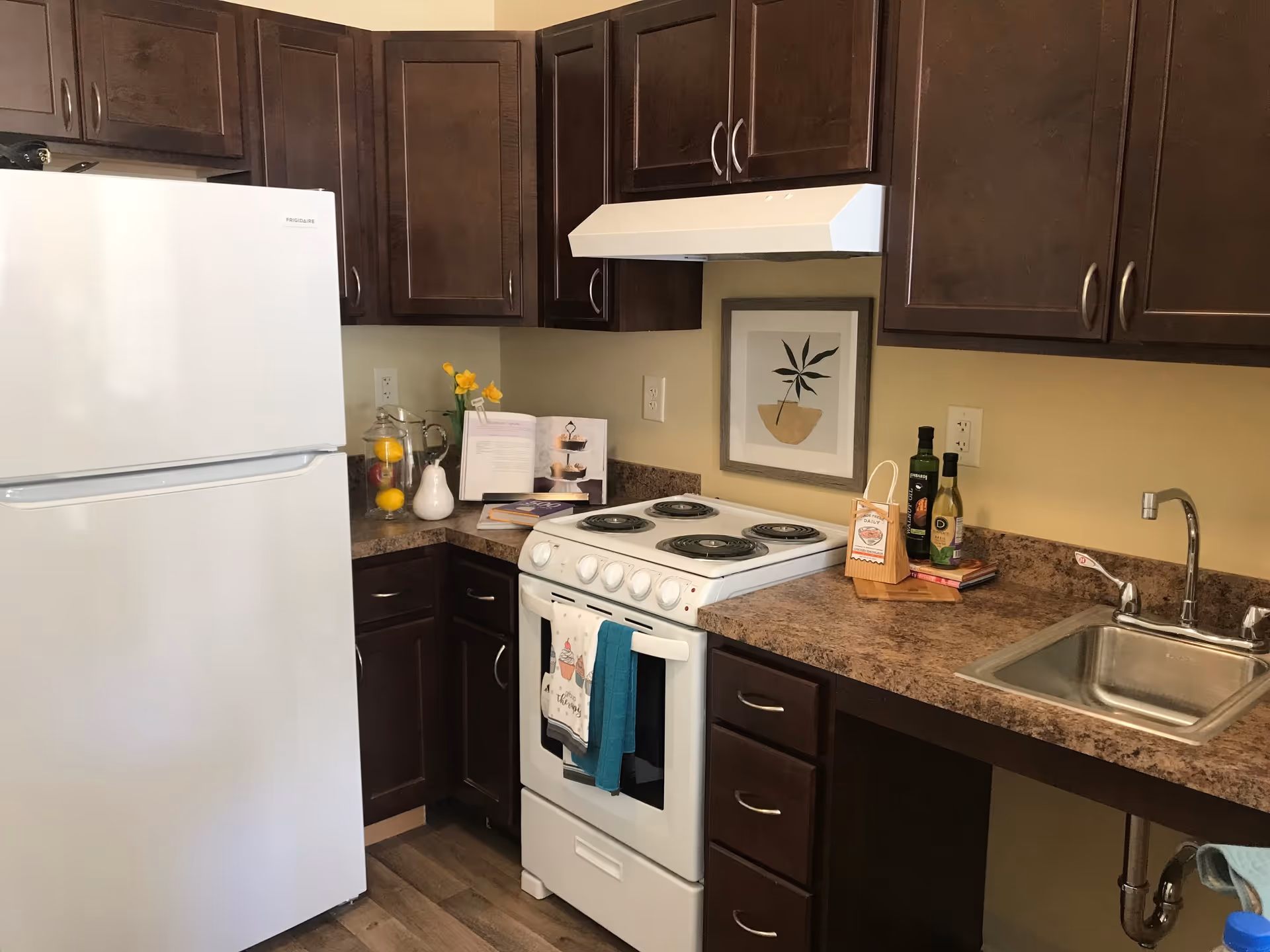 A kitchen with dark brown cabinets, a white refrigerator, a white electric stove with oven, a stainless steel sink, and a countertop with various items including a pitcher with lemons and apples, a cookbook, bottles of oil, and a small paper bag. There is a framed plant artwork on the wall above the stove.