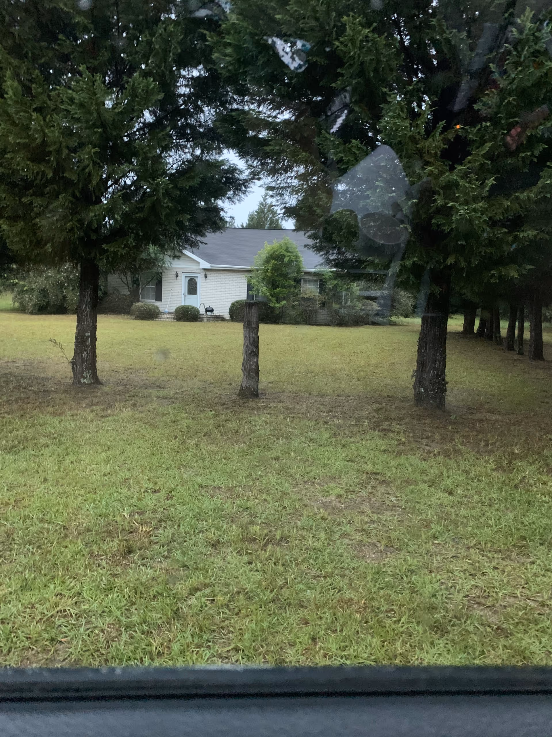 Front view of a white single-story house with grassy yard and trees.