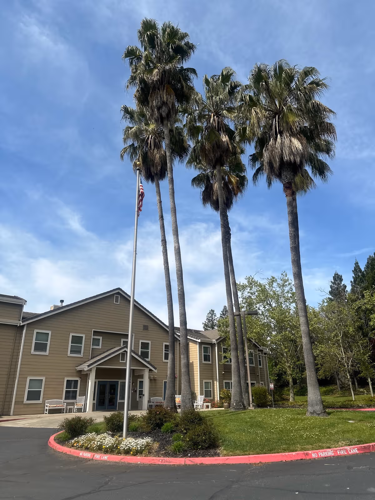 Vista Roseville Senior Living exterior featuring a beige building, tall palm trees, and a flagpole.