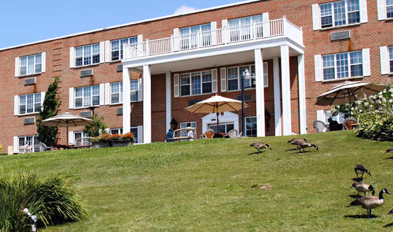 Front of a brick senior living building with patio umbrellas on a terrace and geese on a grassy slope.
