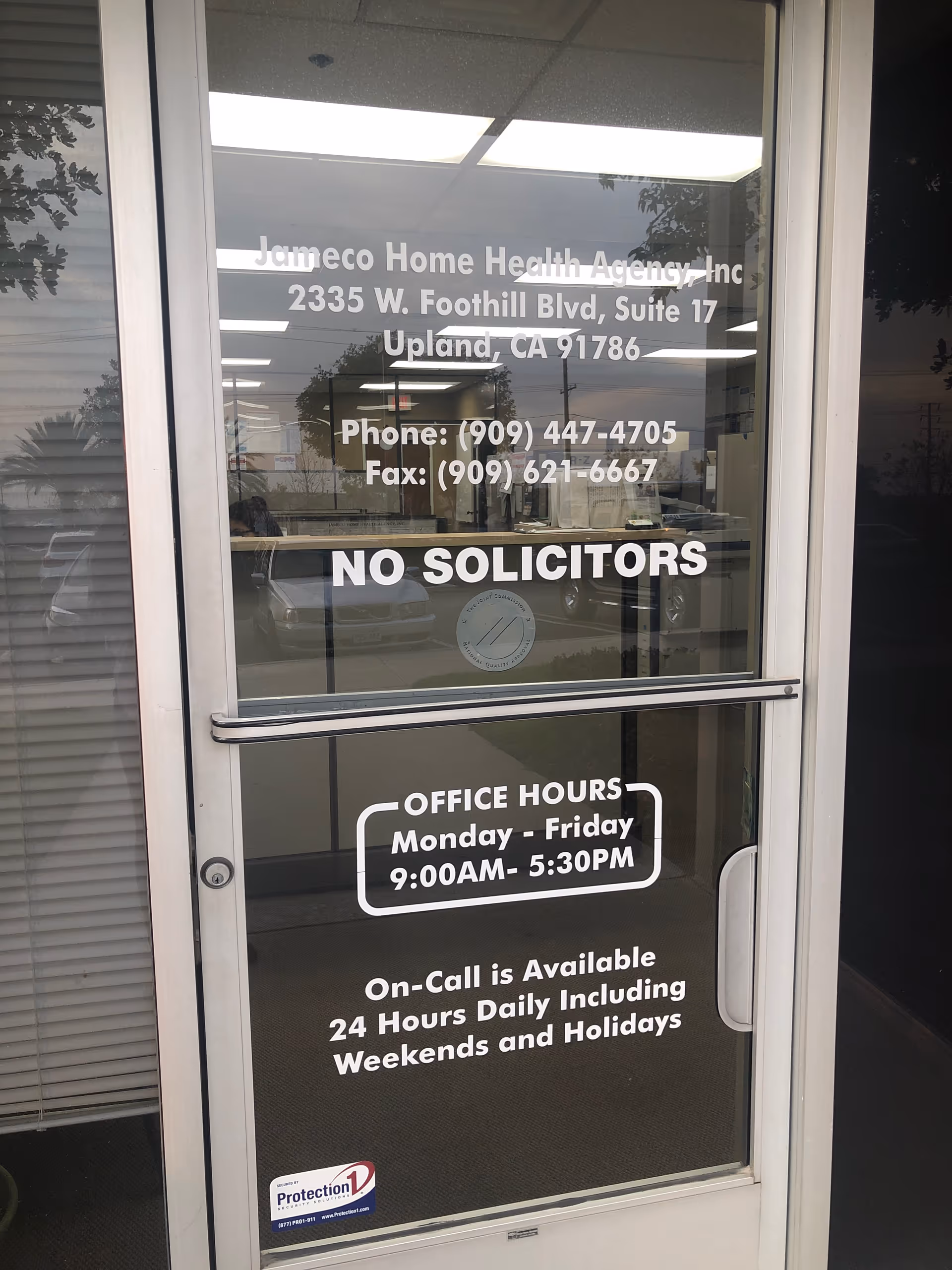 Glass door with Jameco Home Health Agency signage and hours of operation