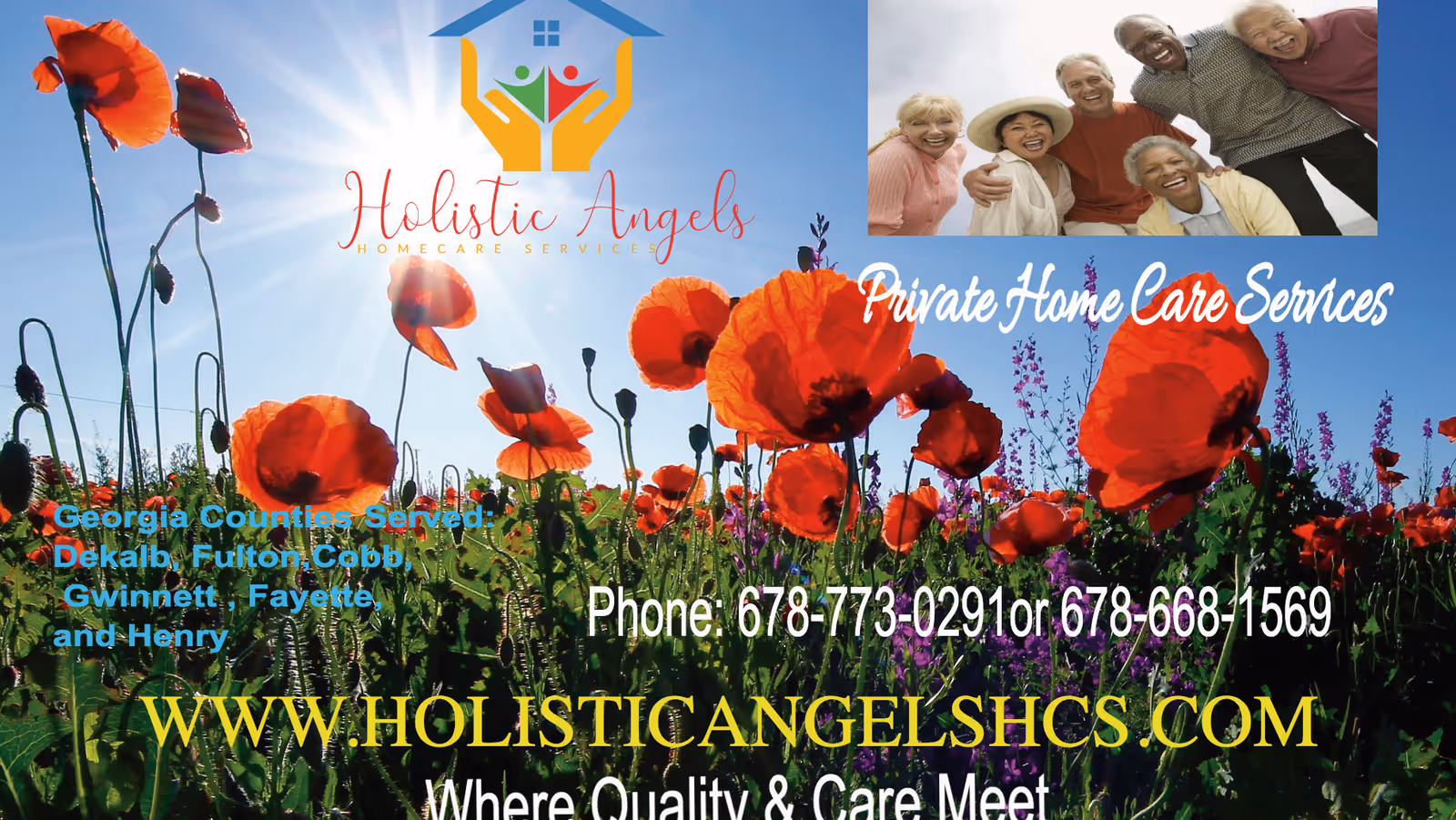Bright outdoor banner with red poppies, Holistic Angels logo, seniors group, and care service text.