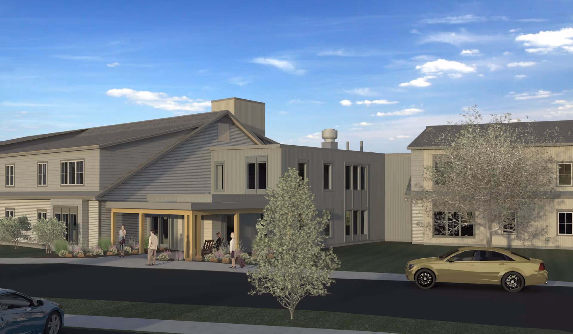 Exterior rendering of Strode Independent Living facility with entrance, people, and parked cars.
