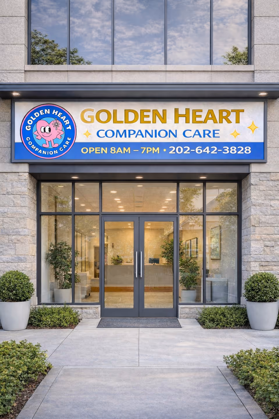 Front entrance of Golden Heart Companion Care building with glass doors and a sign.