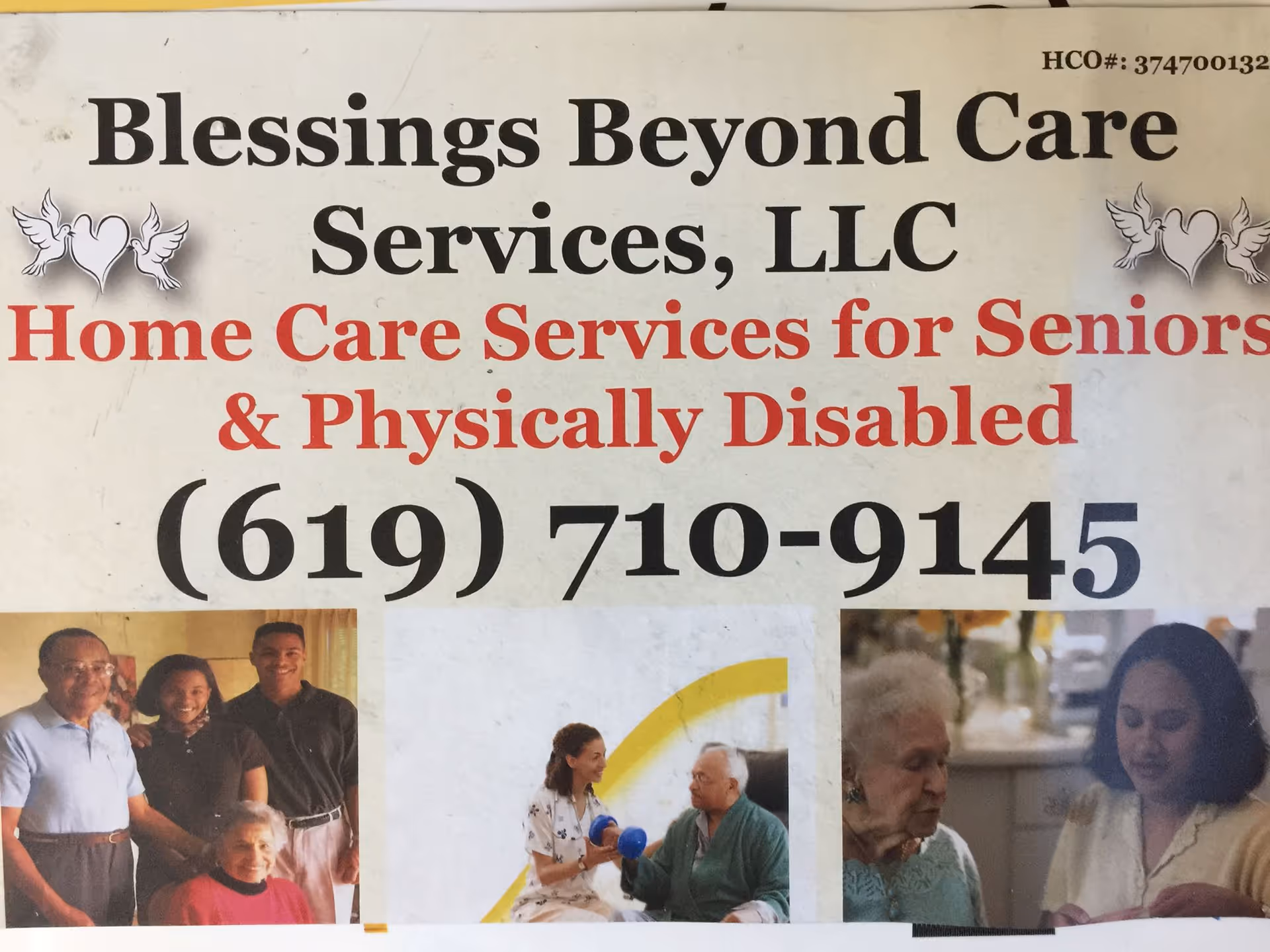 Large signboard advertising Blessings Beyond Care Services with photos of people at bottom.