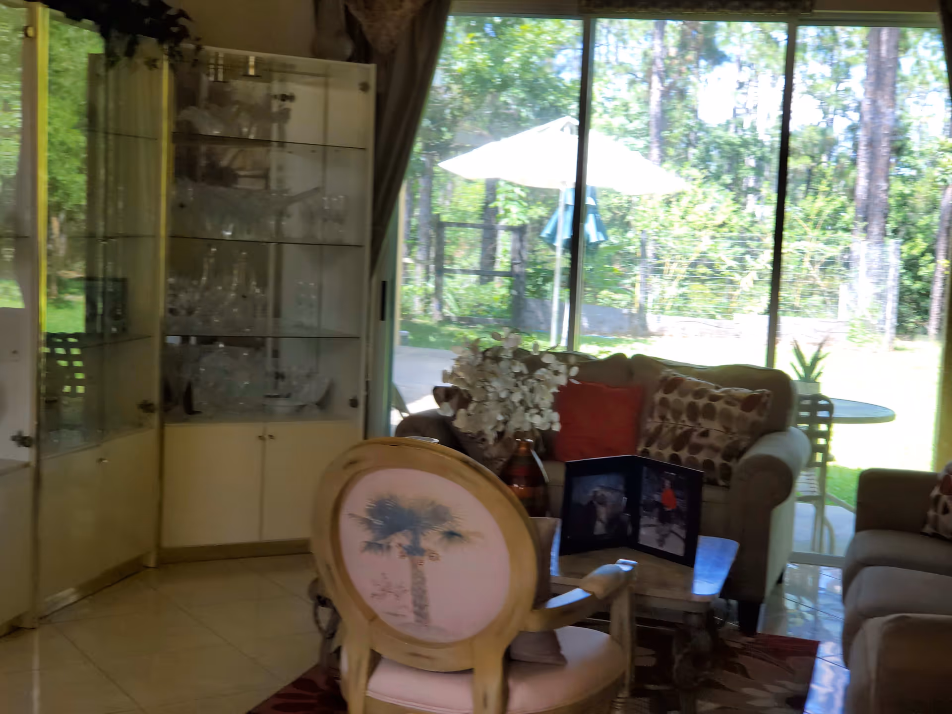 A cozy living room with a glass display cabinet filled with glassware on the left, a cushioned armchair with a palm tree design on the back in the foreground, a coffee table with a photo album and a vase of white flowers, and a sofa with patterned cushions. Large sliding glass doors reveal a green outdoor area with trees and a patio umbrella.