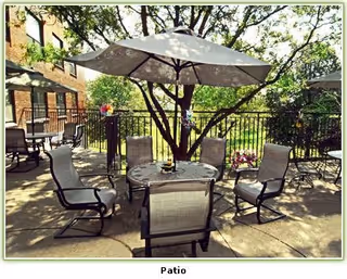 Outdoor patio with a table, chairs, and umbrella beneath trees.
