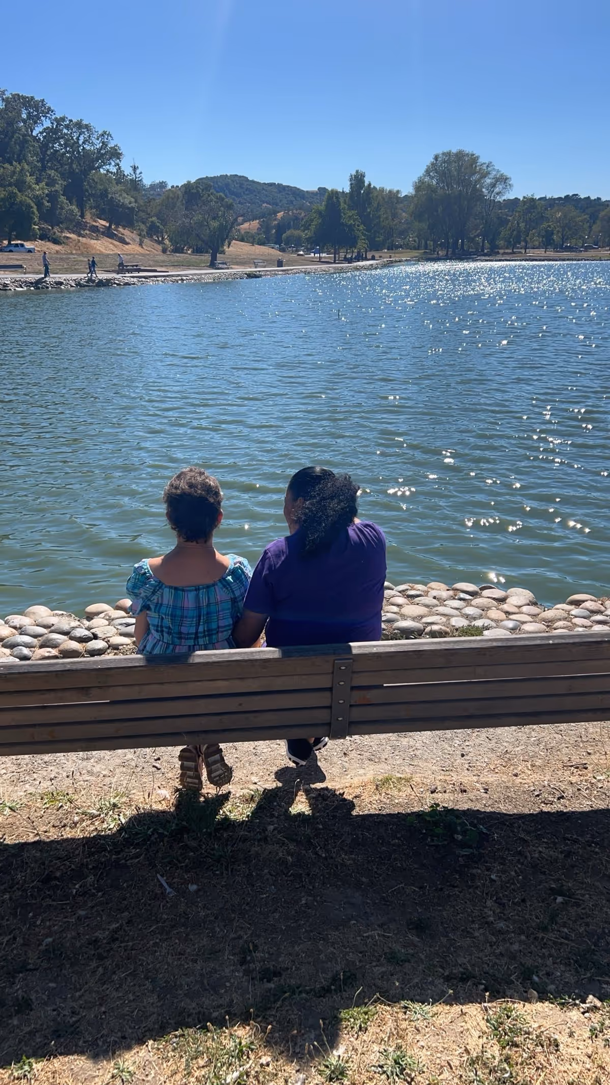 Two people sit on a bench beside a sunny lake with trees in the background.
