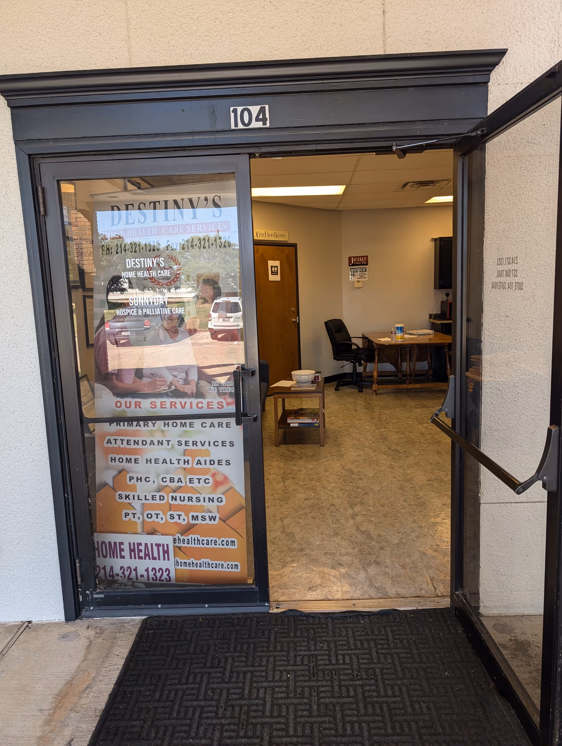 Open doorway to Destiny's Home Health Care with reception desk visible inside.