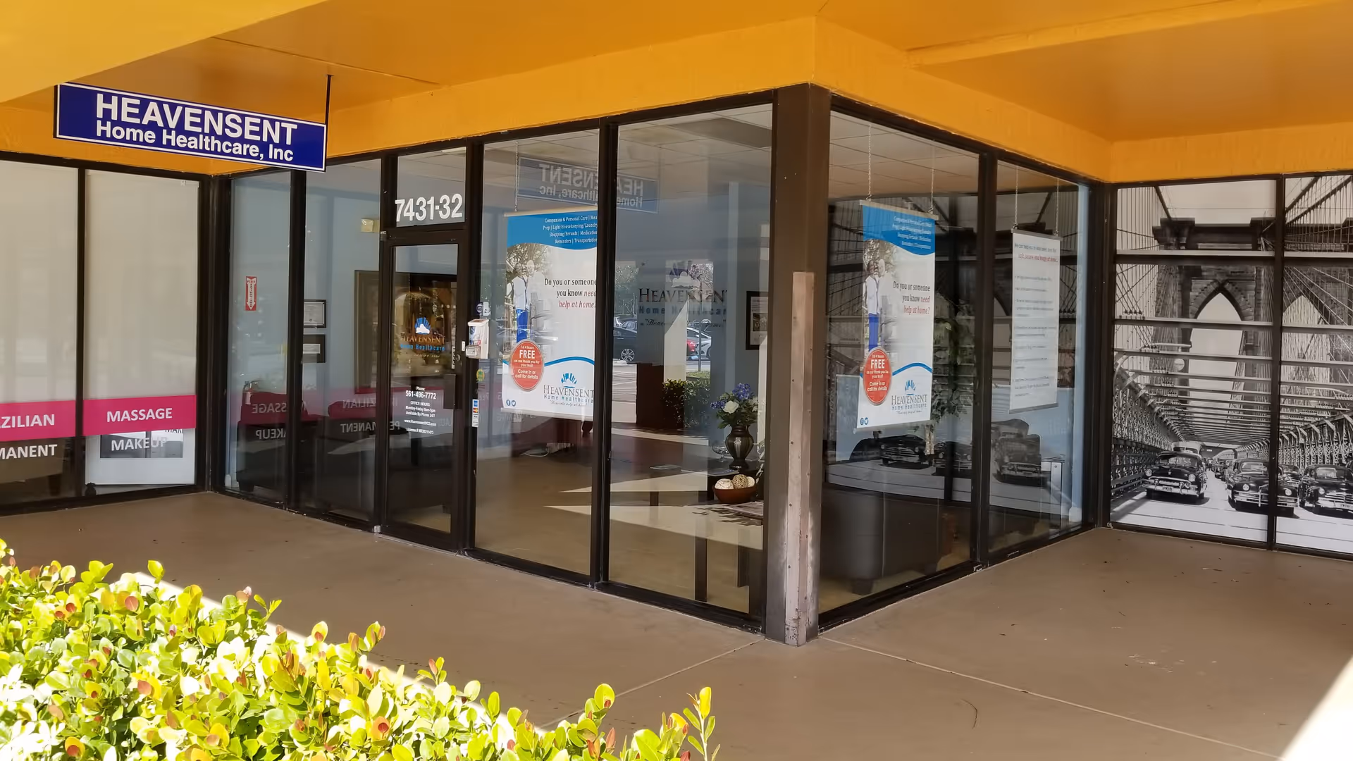 Front entrance of Heavensent Home Healthcare with glass doors and posters.