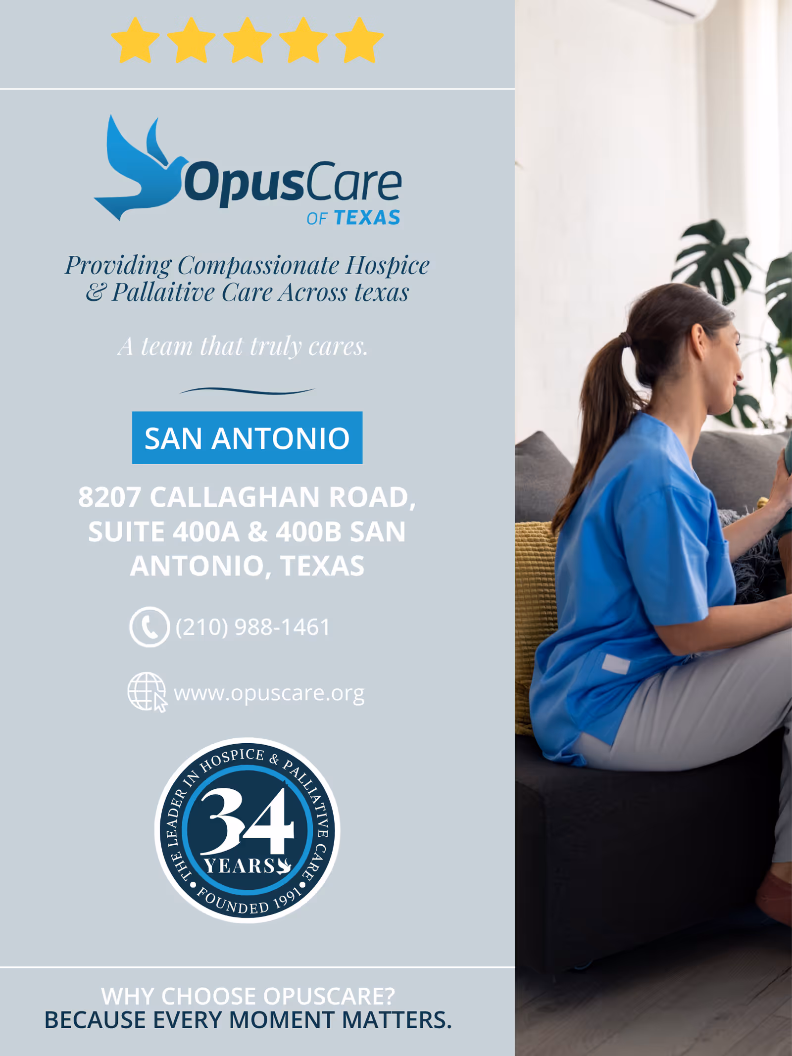OpusCare of Texas banner with caregiver speaking to a resident indoors.