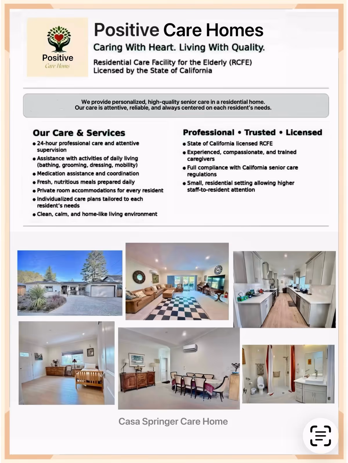 Brochure collage showing exterior and interior living spaces of Casa Springer Care Home.