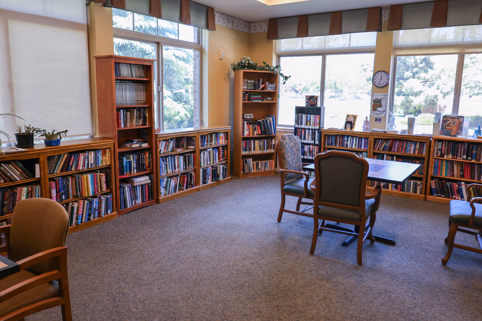 A bright and cozy library room with large windows letting in natural light. The room features multiple wooden bookshelves filled with books along the walls, a table with chairs in the center, and a few potted plants on the shelves. The carpeted floor and neutral wall colors create a warm and inviting atmosphere.