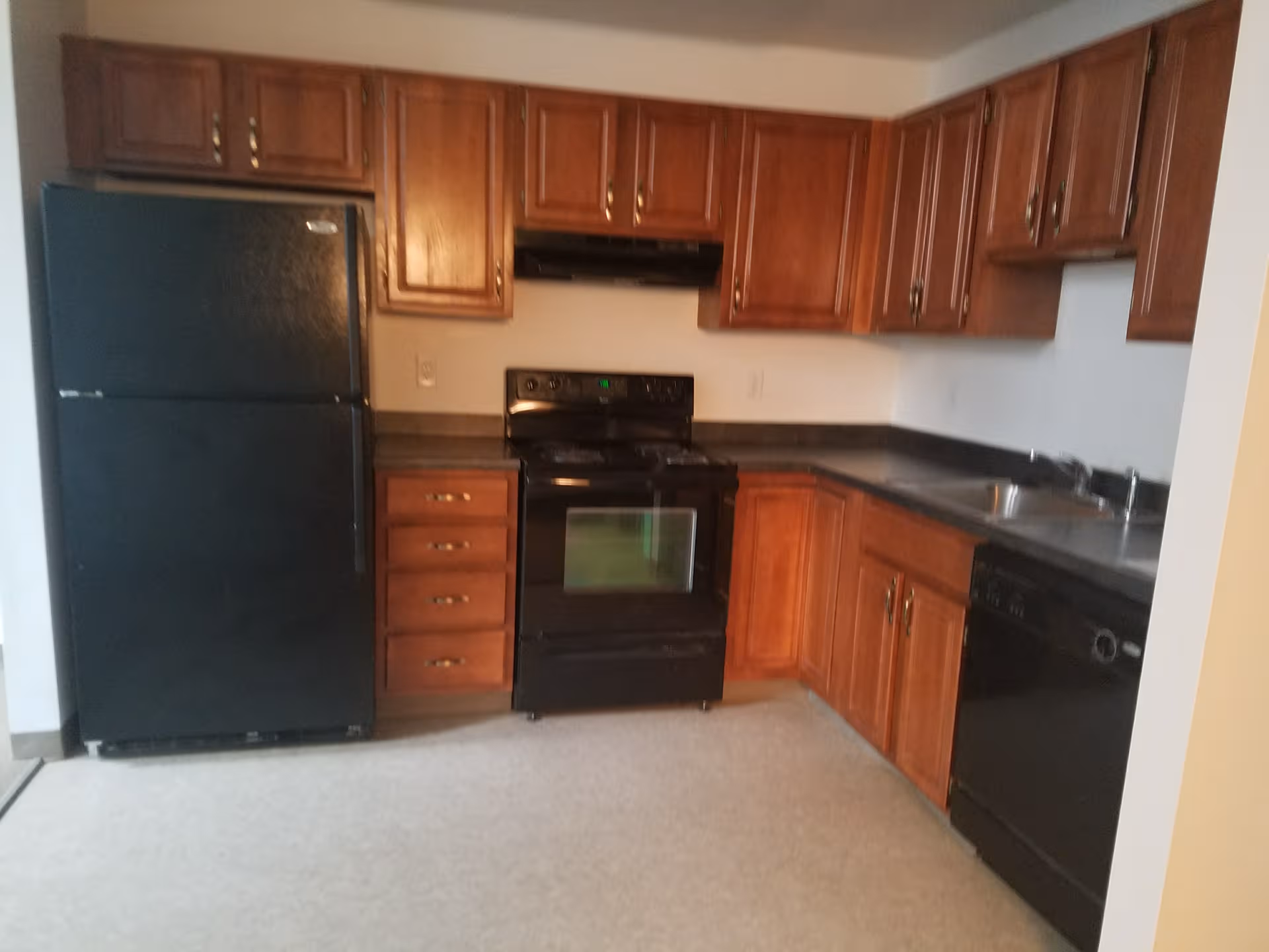 L-shaped kitchen with wooden cabinets, black appliances, and a double sink.