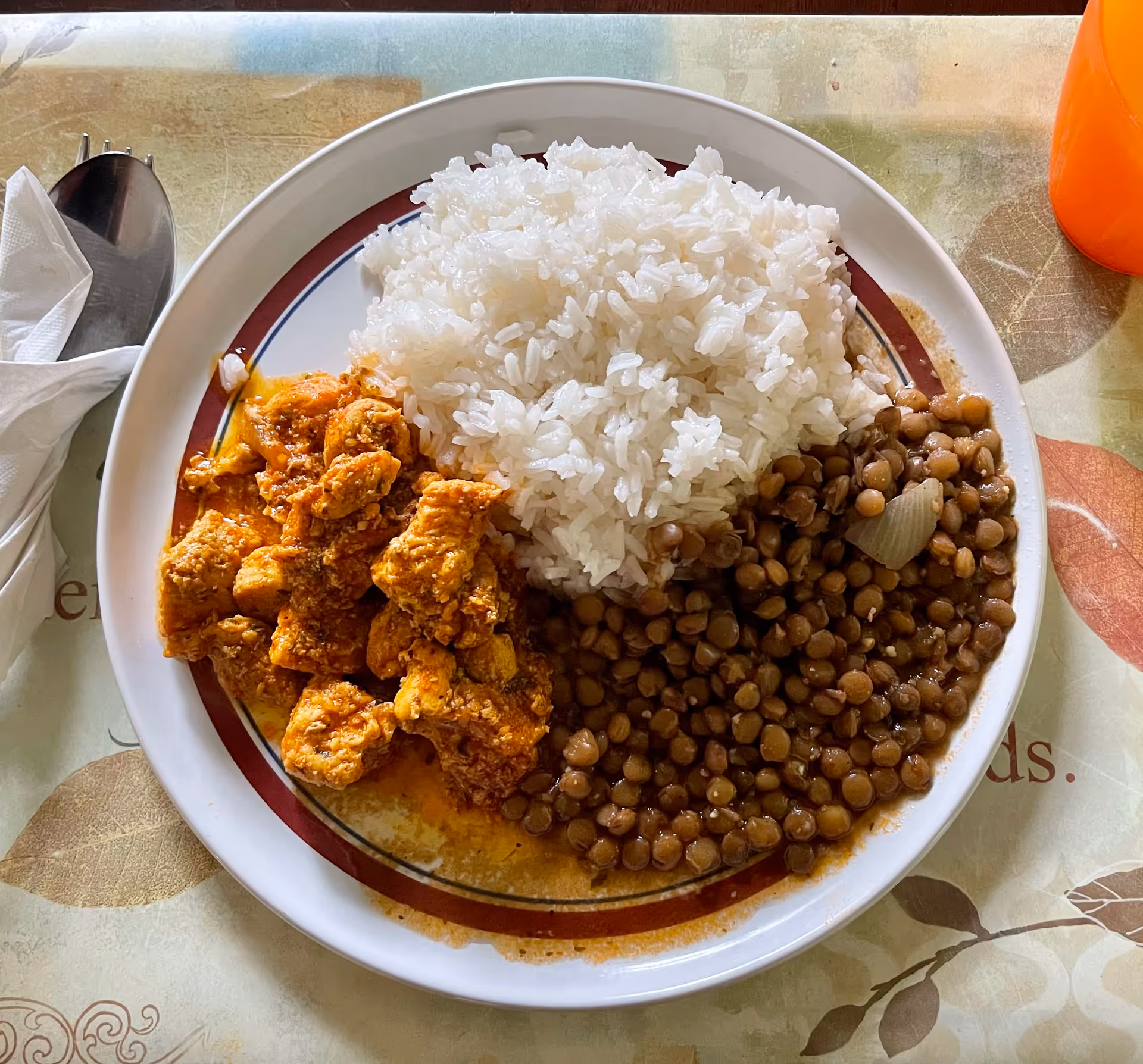 Plate with white rice, beans, and chicken on a dining table.
