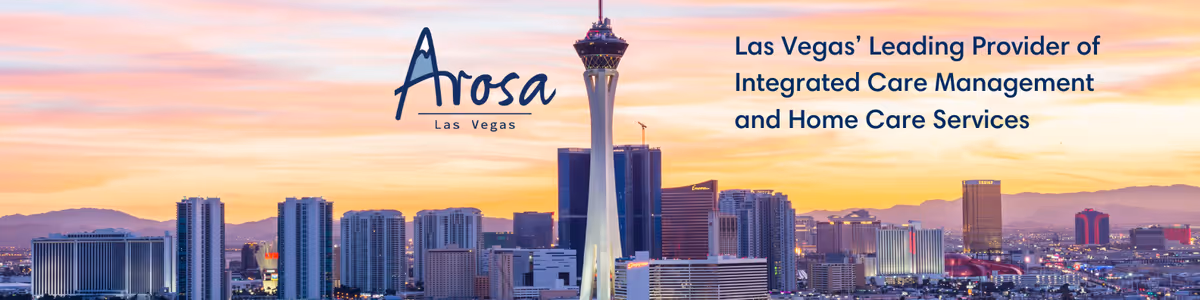 Arosa Las Vegas banner featuring skyline and sunset hues with logo.