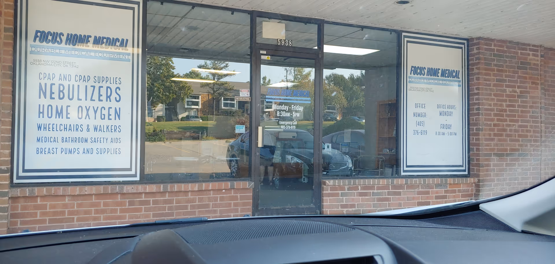 Exterior view of Focus Home Medical storefront with brick facade and large glass windows.